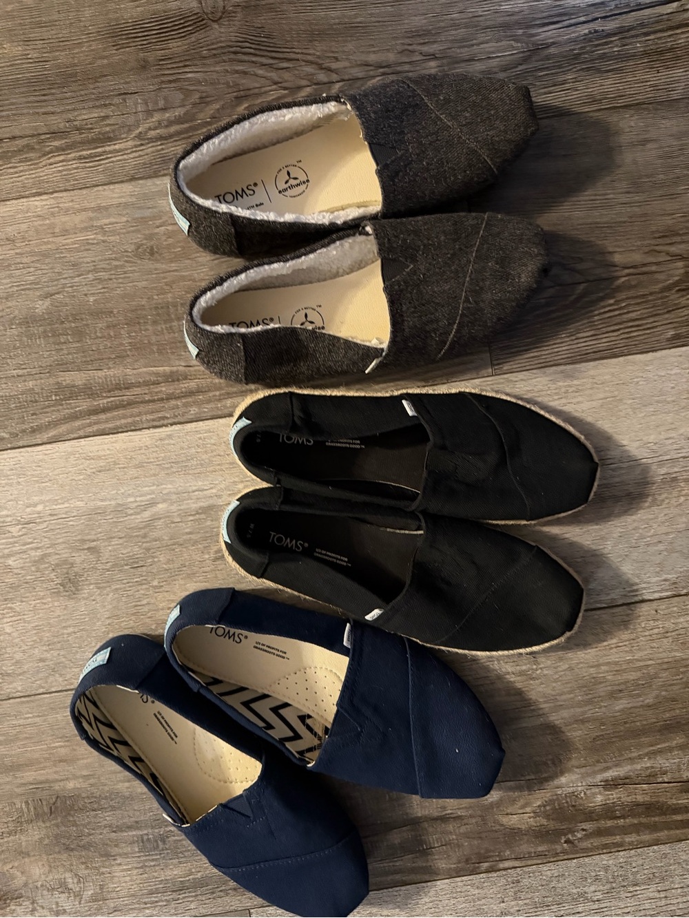TOMS Women's Classics Slip-On - Navy, Black, Charcoal 3 pairs, black, blue, grey